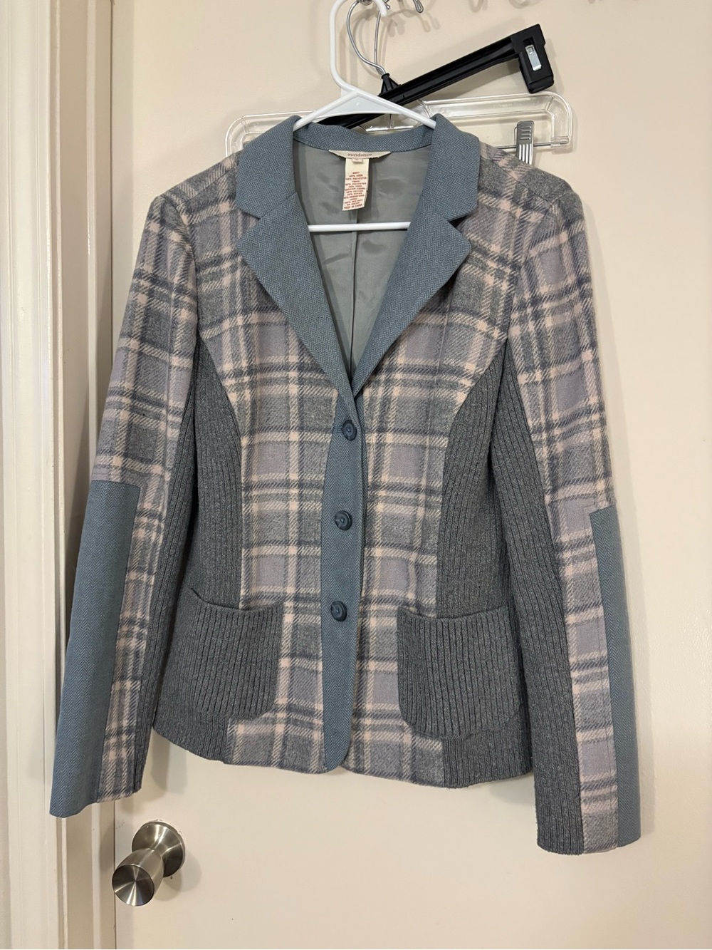 Sundance Gray Plaid & Knit Contrast Blazer wool blend size 8